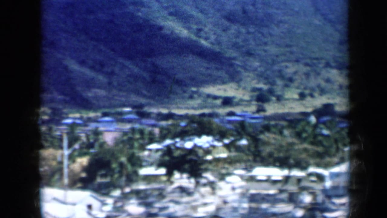 1959 Venezuela home-movie frame showing a coastal town edge, bright rooftops, palm trees, bay water, and mountain slopes.