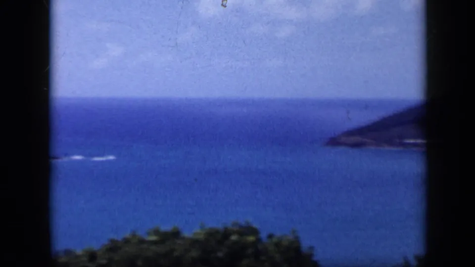 Venezuela coastal overlook frame from 1959 showing open water, a dark hillside point, and foreground vegetation.