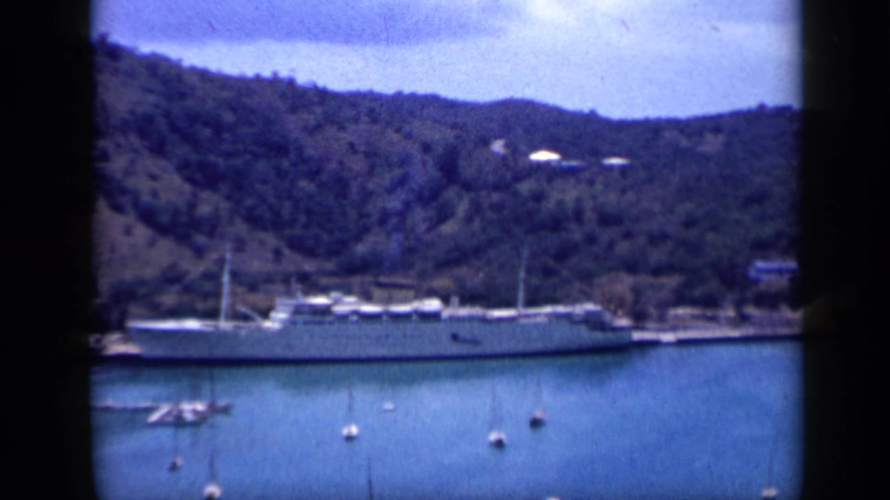 Large pale passenger ship or vessel moored in a Venezuelan harbor, backed by green hills and shoreline structures.