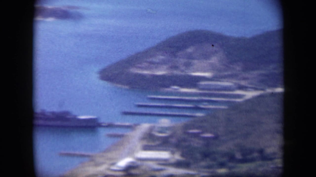 Aerial view of island coastline with pier structures and blue water.