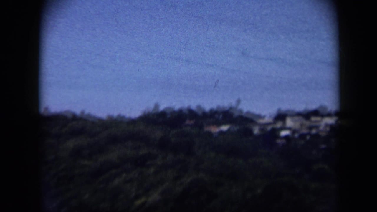 1959 Venezuela coastal frame with blue water, green foreground, and small distant waterfront structures.