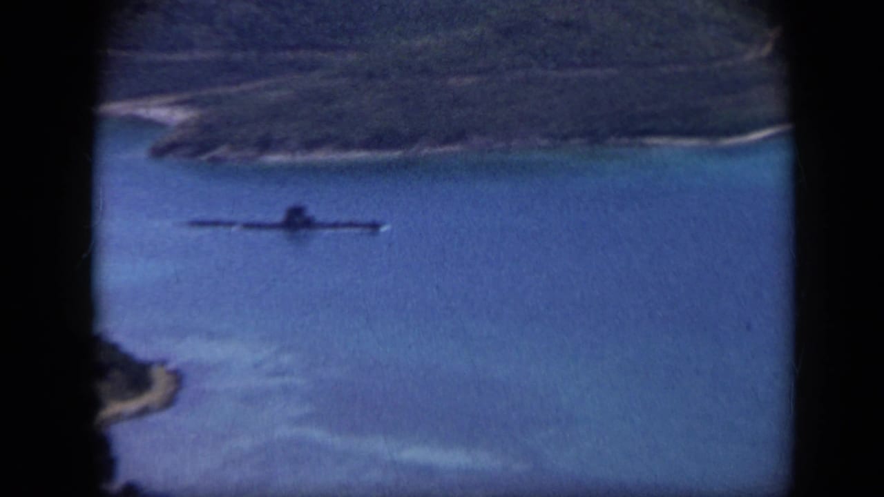 Long low vessel crossing calm blue water near a wooded shoreline.