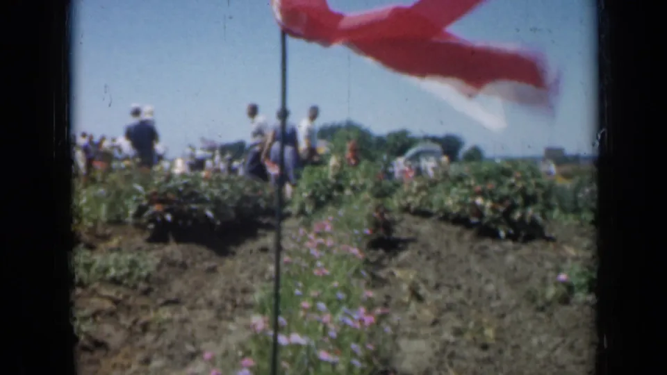 1961 Missouri 8mm frame showing garden beds, distant adult visitors, and a red flag moving across the foreground.