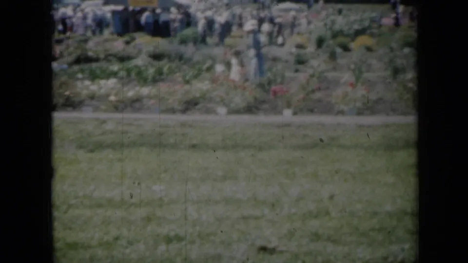 1961 Missouri outdoor gathering showing people spread across grass with cars and trees behind them.