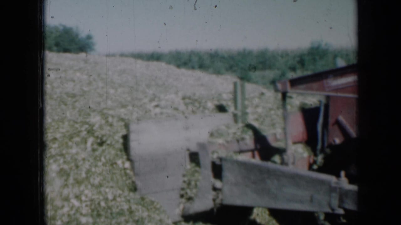 1961 Missouri home-movie frame with a red crawler machine and blade near a pale mound, trees, and the edge of a small structure.