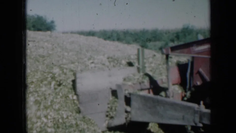 1961 Missouri home-movie frame with a red crawler machine and blade near a pale mound, trees, and the edge of a small structure.