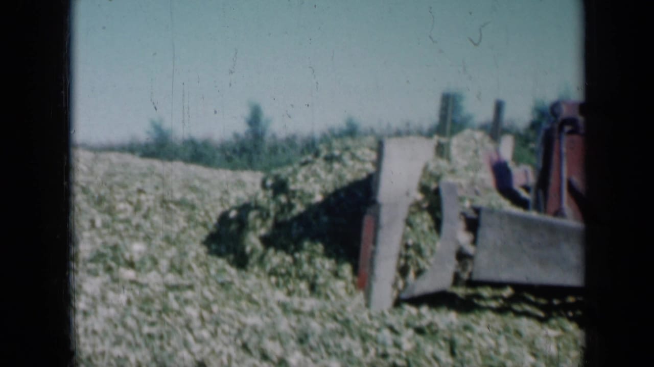 The red grader appears beside a large mound of chopped vegetation in a Missouri field under clear sky.