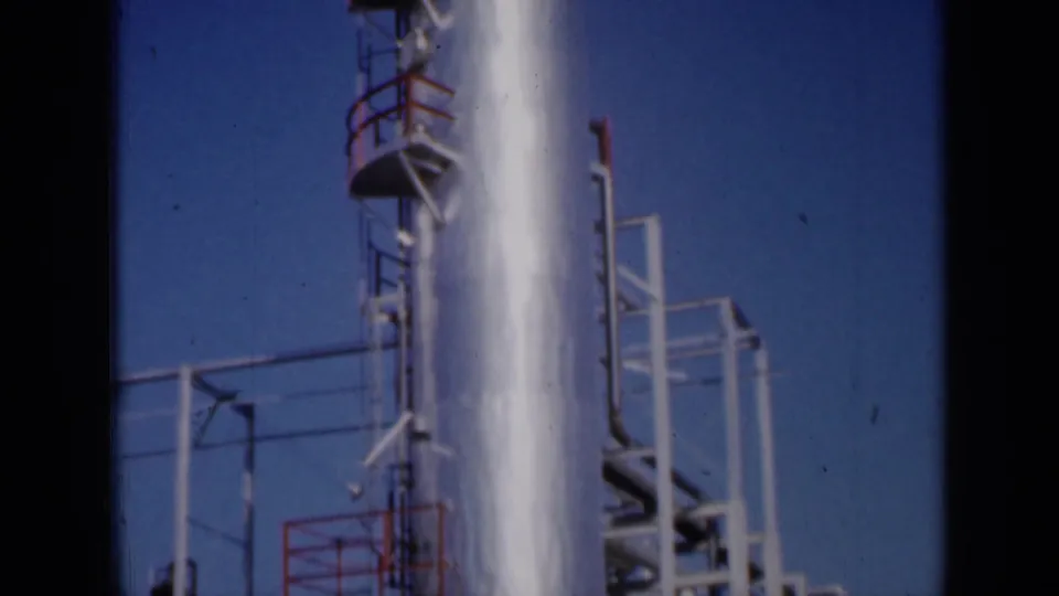 1961 Missouri 8mm frame showing the refinery tower beside pipe runs, red platform railings, and white structural supports.