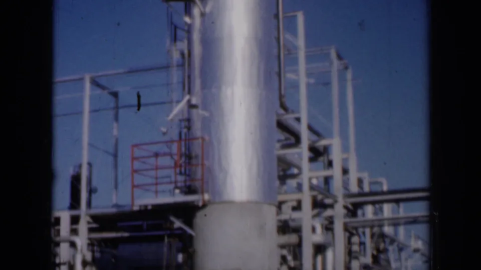 1961 Missouri frame showing the lower refinery tower, red-railed platform, horizontal pipes, and white support structures.