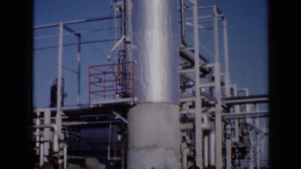 Industrial plant structures with pipes, platforms and a large silver tank under blue sky.
