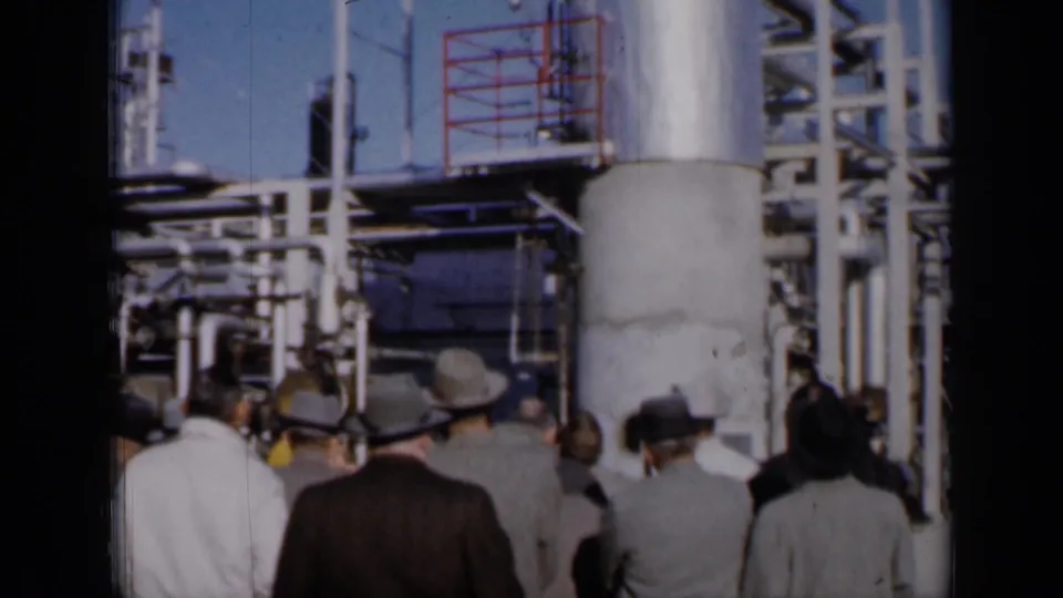 1961 Missouri home-movie frame of businesspeople in suits and hats walking through an industrial plant area.