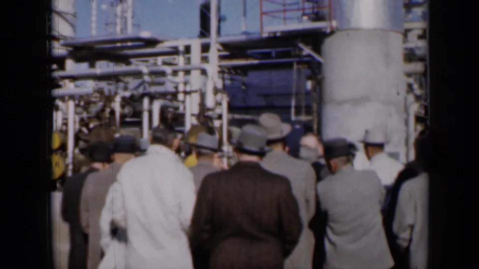 1961 Missouri 8mm frame showing a group of adults gathered from behind during an industrial facility tour.