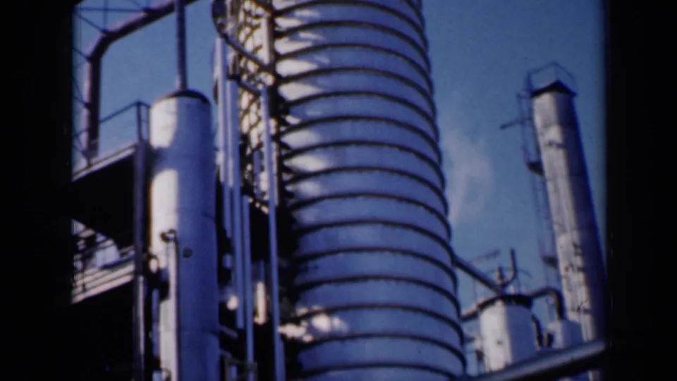 1961 Missouri 8mm frame showing a closer view of industrial rooftop machinery with a ribbed tower, vertical tanks, pipes, and railings.