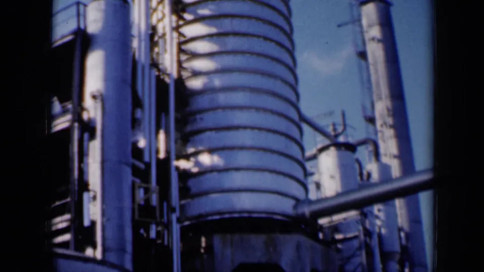 1961 Missouri 8mm frame of industrial rooftop structures, with a ribbed tower, vertical pipes, platform rails, and a foreground pipe.