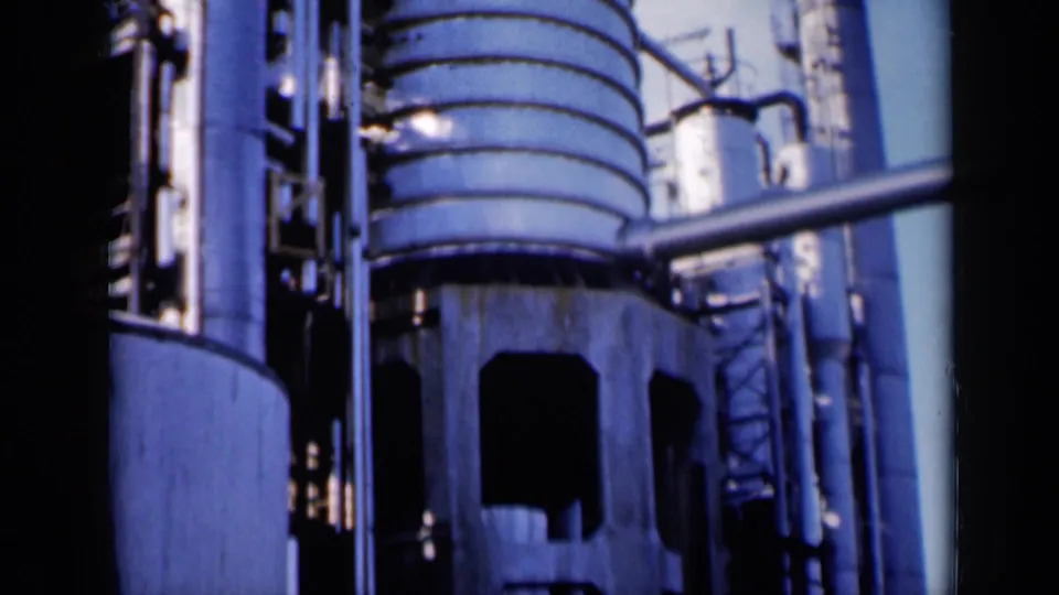 Missouri industrial equipment in 1961 footage, with stacked cylindrical forms, exposed pipework, and a concrete support base.