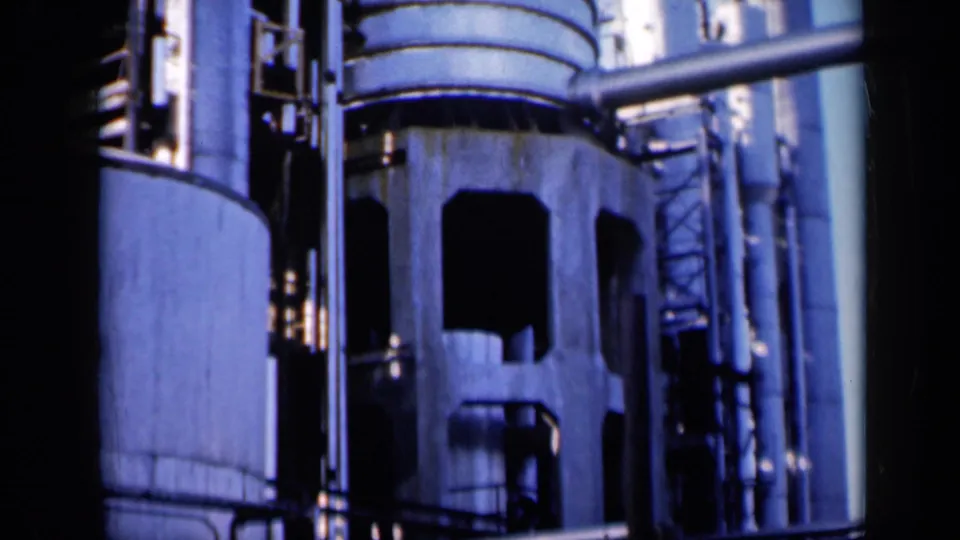 Low-angle 8mm view of Missouri factory equipment, showing a concrete base, dark openings, vertical tanks, and surrounding pipework.