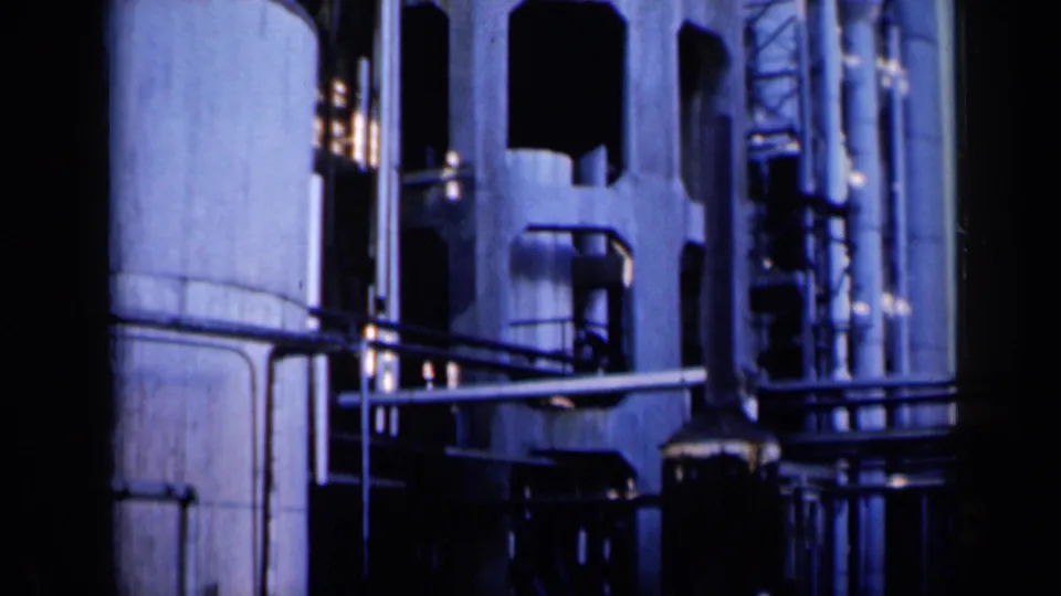 Wider 1961 Missouri industrial frame with tall cylindrical equipment, concrete supports, horizontal piping, and dark foreground edges.