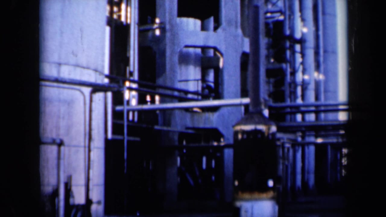 Industrial tanks and pipework seen in grainy 8mm color footage.
