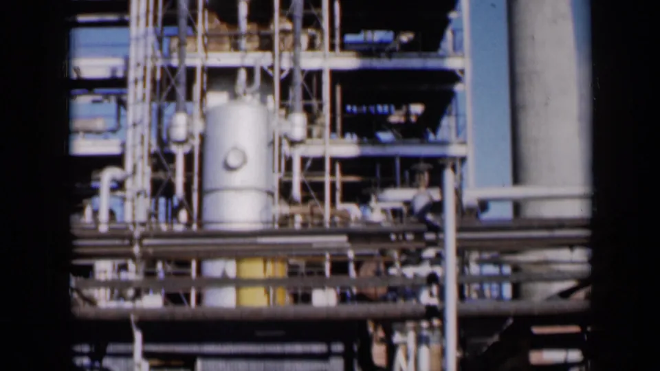 The frame shows a Missouri industrial facility with dense pipework, cylindrical vessels, metal platforms, and tall vertical stacks.