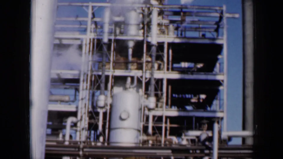 Industrial equipment appears under blue sky, with tanks, pipes, scaffolding, and a pale plume of vapor or steam at the left.