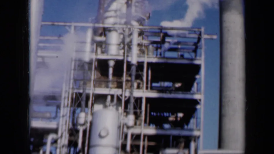 The final frame shows the plant's upper structure, with visible steam or vapor, pipe networks, tanks, platforms, and a tall vertical stack.