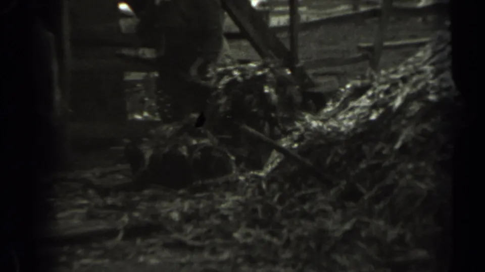 The final frame shows a partially visible worker using or holding a pitchfork around loose hay or straw in a barn setting.