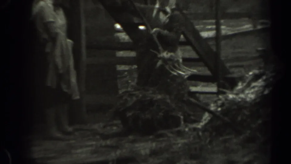 A woman in a light dress stands near loose hay and rough barn framing as a man continues farm work in this Missouri 8mm scene.