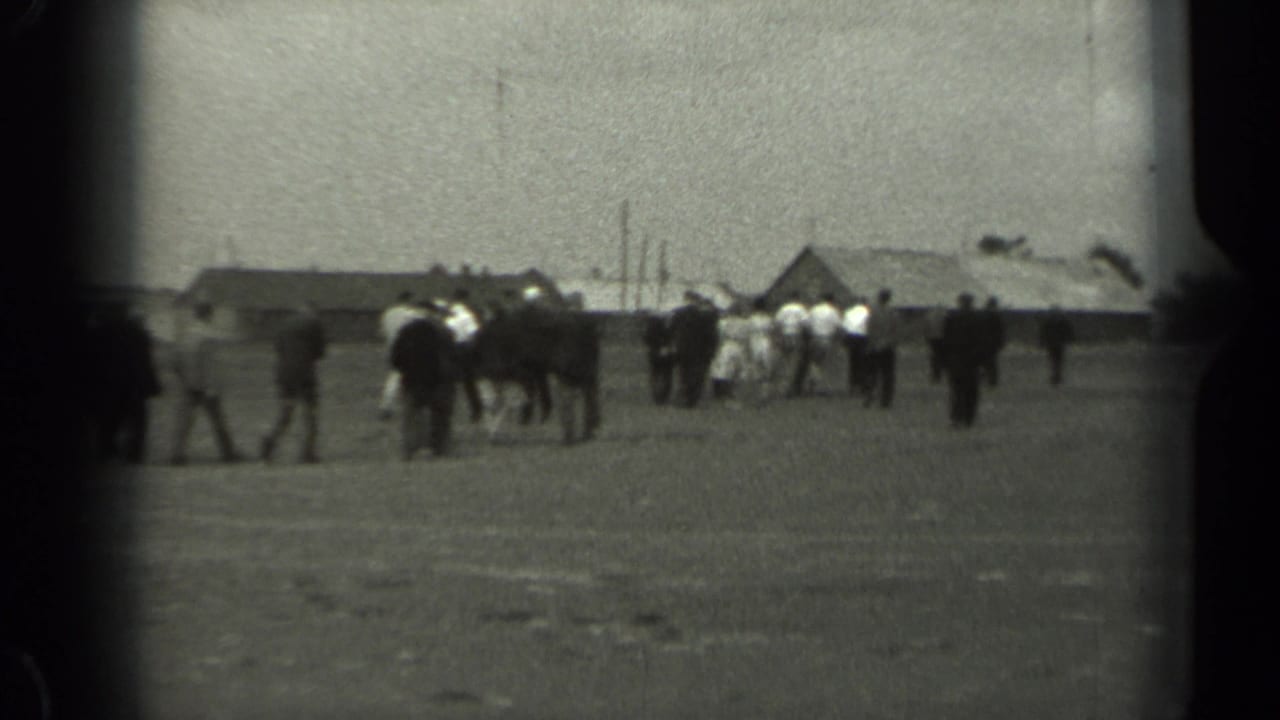 Distant groups in 1961 Missouri appear to walk and gather near low rural buildings across an open field.