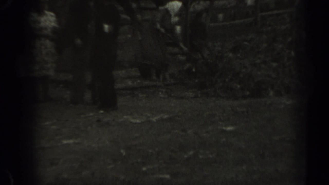 Woman in a white headscarf rakes leaves near standing adults in a dim yard.