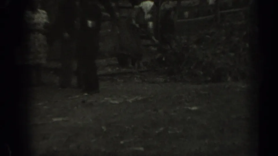 1961 Missouri home-movie frame showing a woman in a white headscarf raking leaves beside standing adults near a wooden fence.