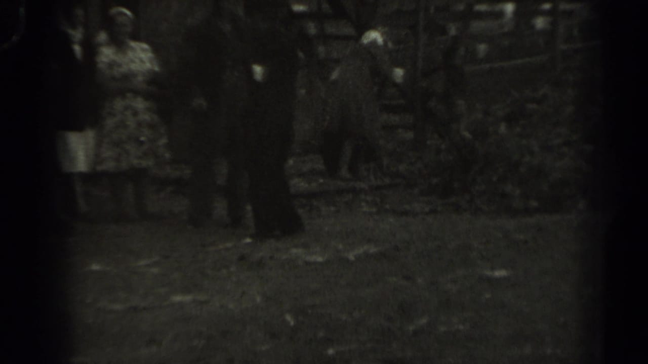 Adults stand near a wooden animal pen in a dark, grainy rural yard.