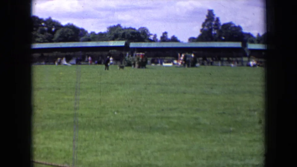1963 England 8mm frame showing a wide green park field, a distant runner with a black dog, and a long covered pavilion beyond.