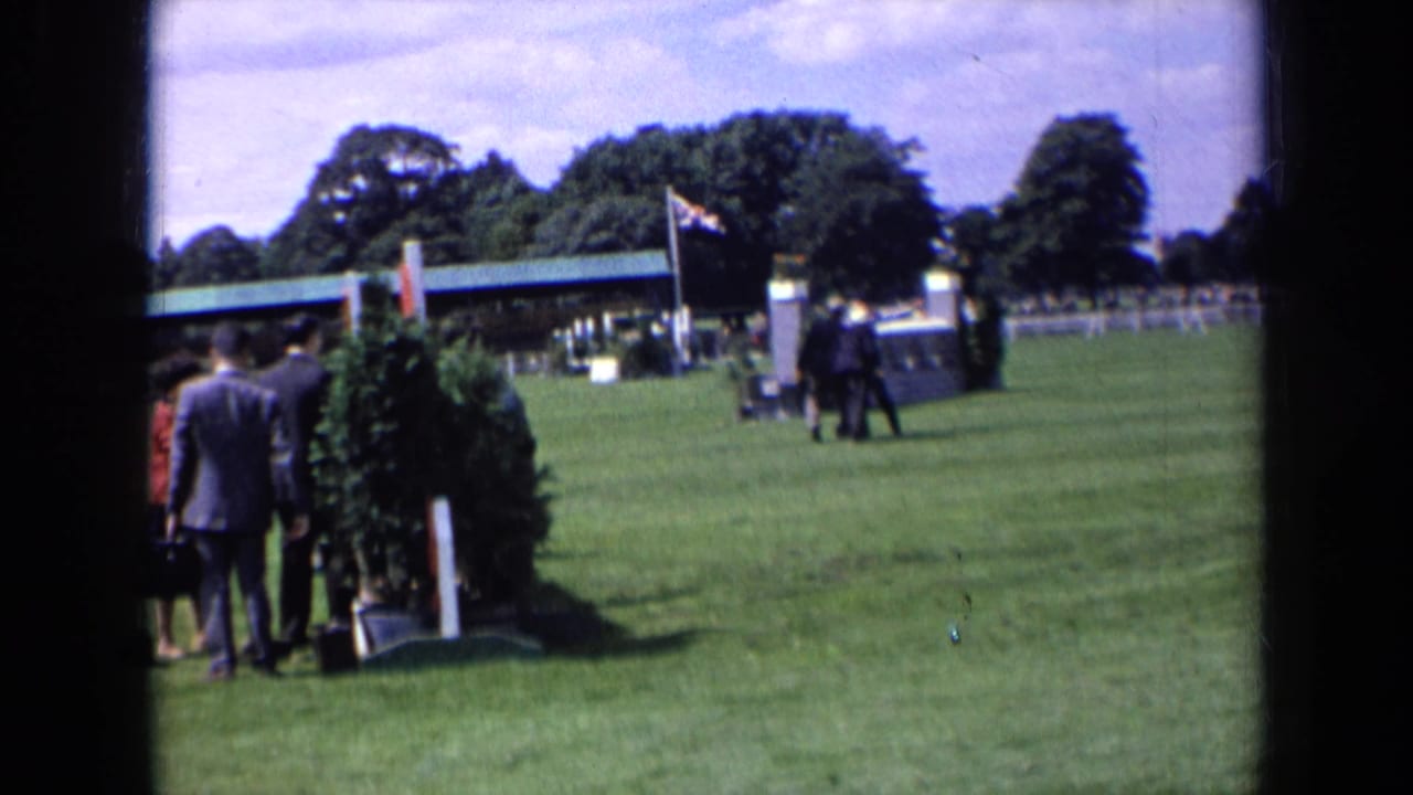 Several men stand and walk across a grass field beside a hedge obstacle.