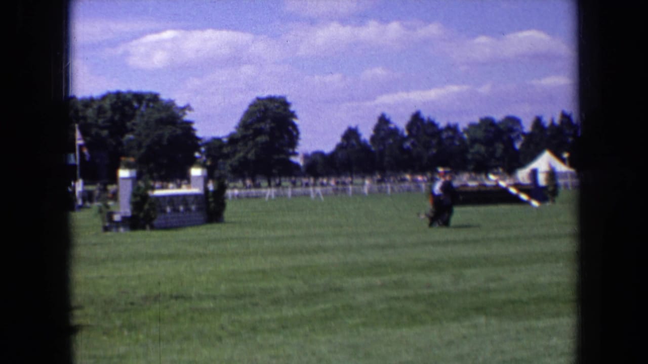 Horse and rider approach a white jump on a green field with spectators and a tent in the distance.