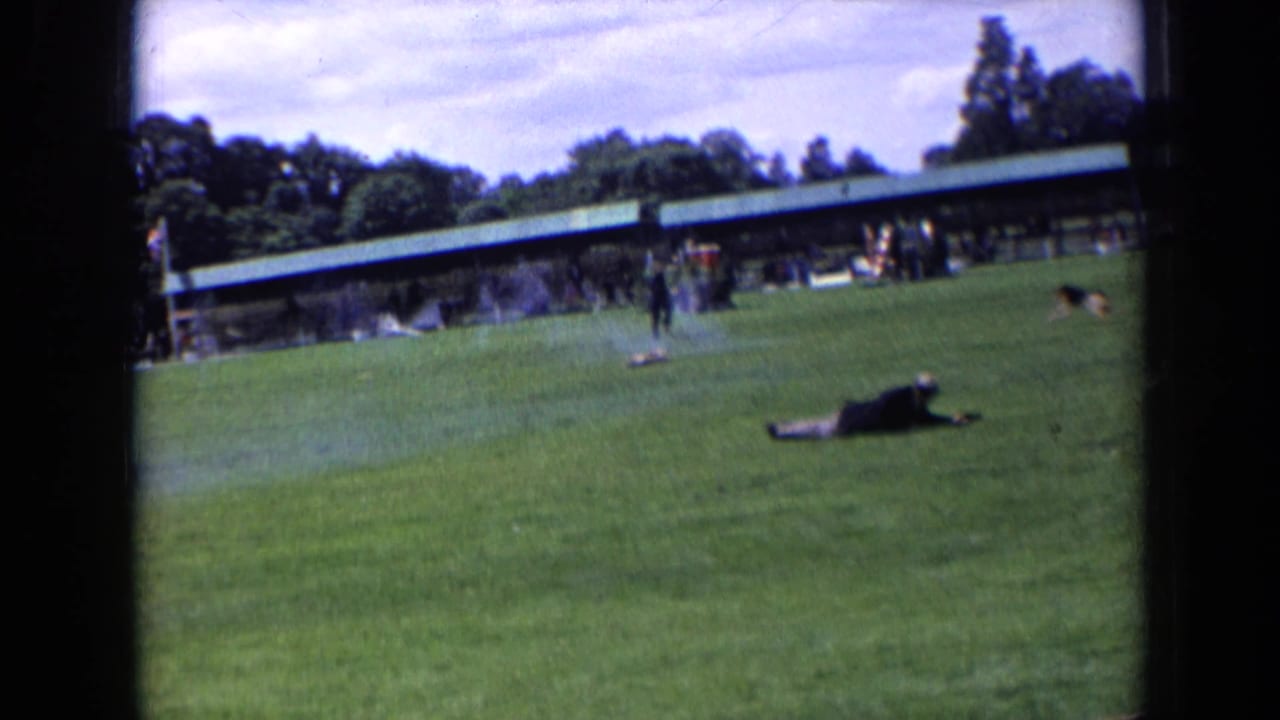 Dog running on a grass field as a prone figure remains nearby.