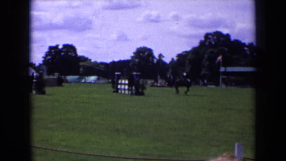 The rider guides the horse across the grass field in England, with a striped obstacle, trees, and pavilion structures in the distance.