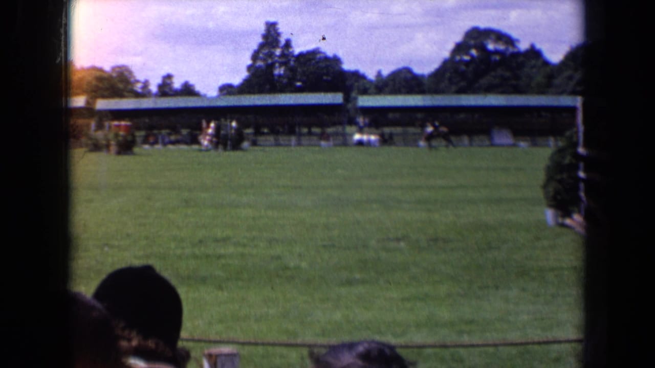 Horse and rider on a grass field near a low pavilion with spectators in the foreground.