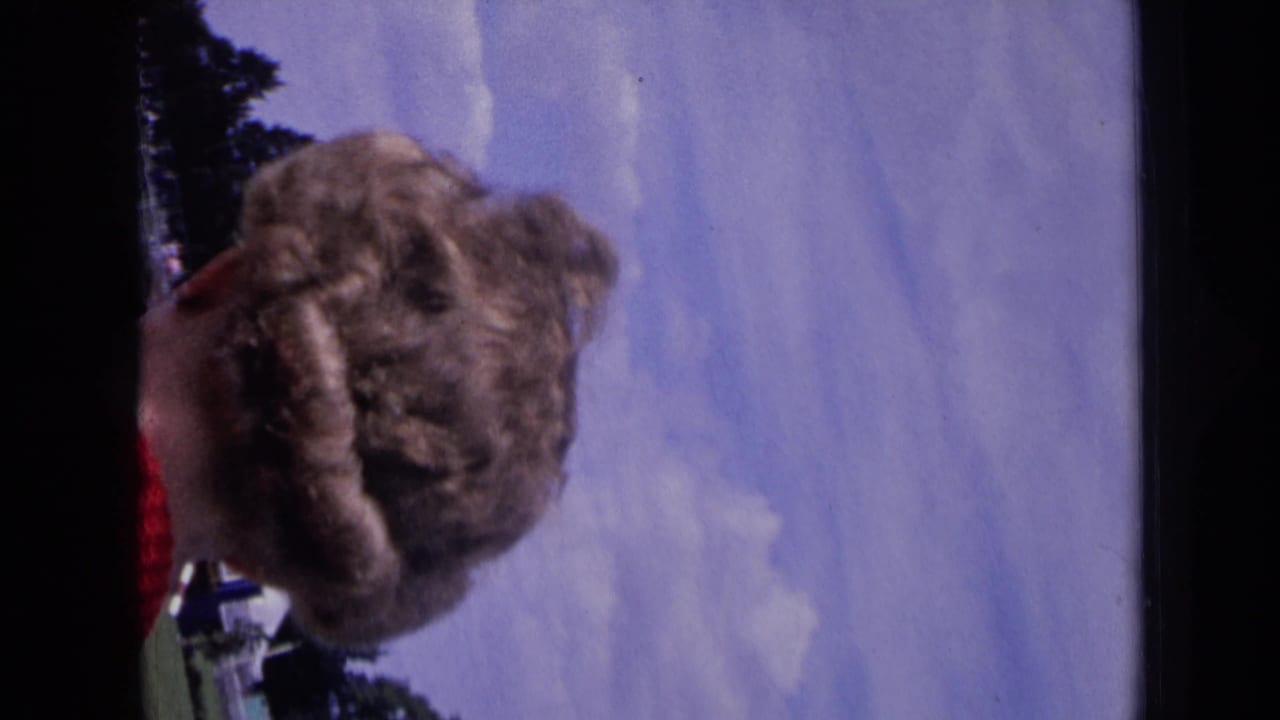 Sideways 8mm frame from the same 1963 England clip, showing a nearby woman in close foreground as the camera shifts away from the field.