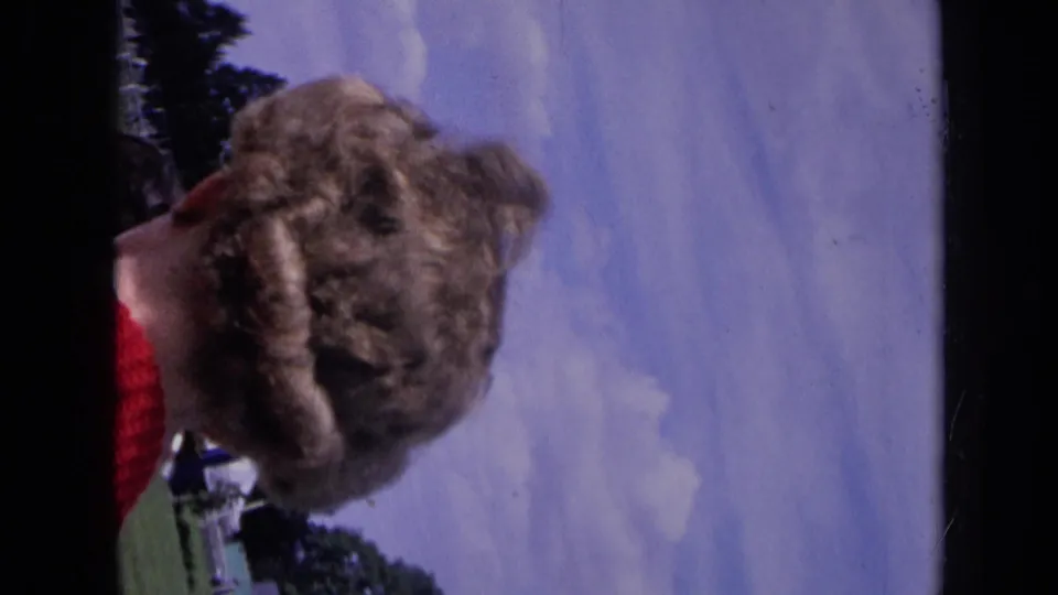 A close, handheld 1963 England frame shows a spectator's hair and shoulder near the lens with sky and trees behind.