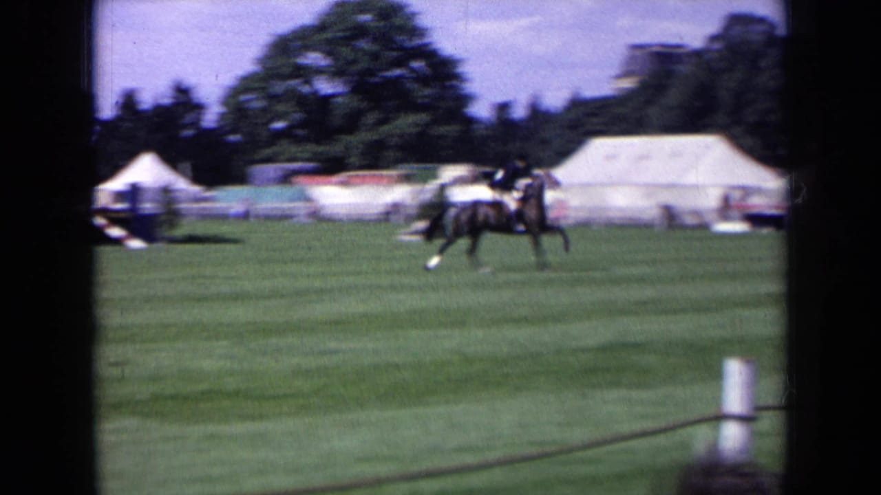 Horse and rider crossing a grass field with white event tents and trees behind them.