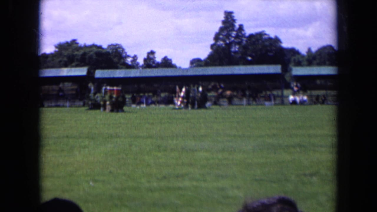 Wide green field with distant spectators and covered buildings beyond.