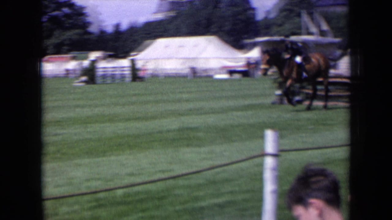 Brown horse and rider approach a jump on a green field with white tents behind them.