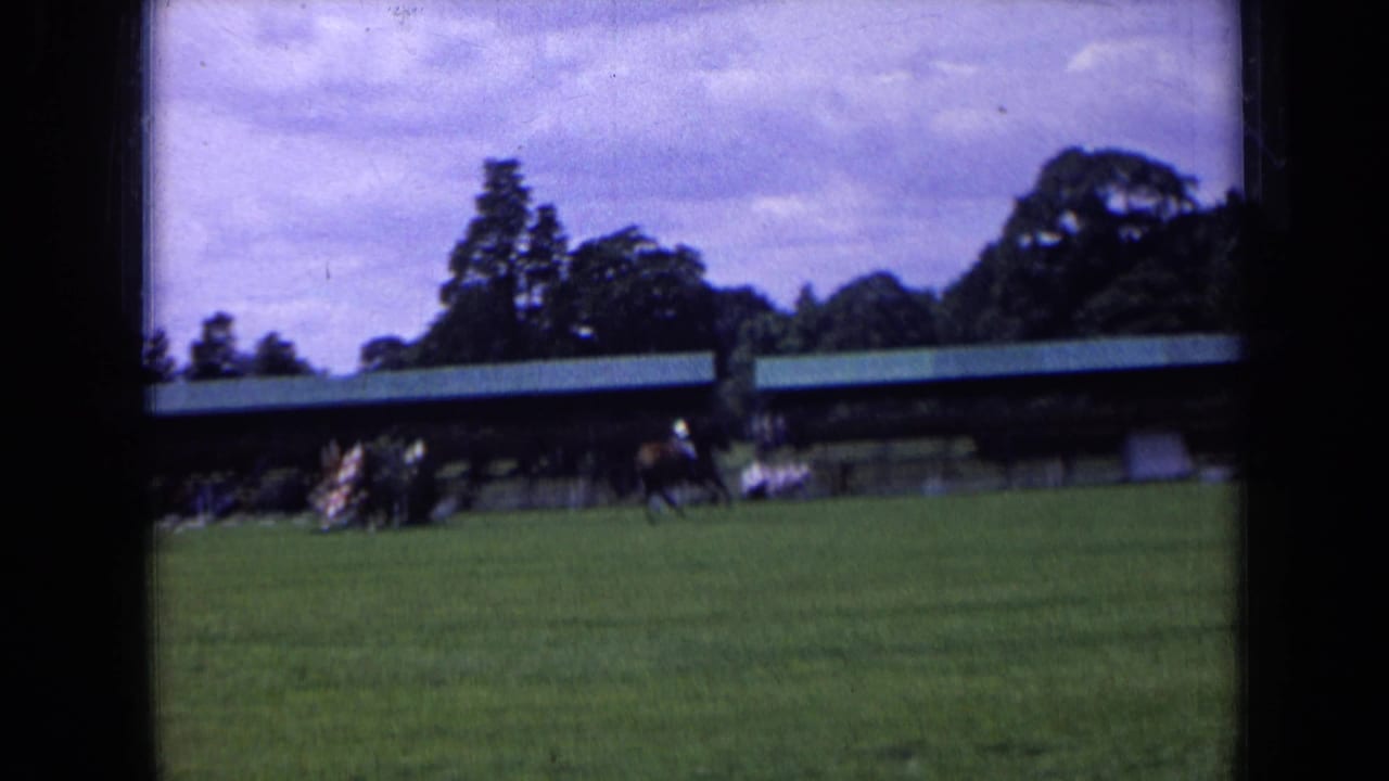 Soft 8mm frame of a distant equestrian scene on a grass field in England, with spectators near a covered viewing area.