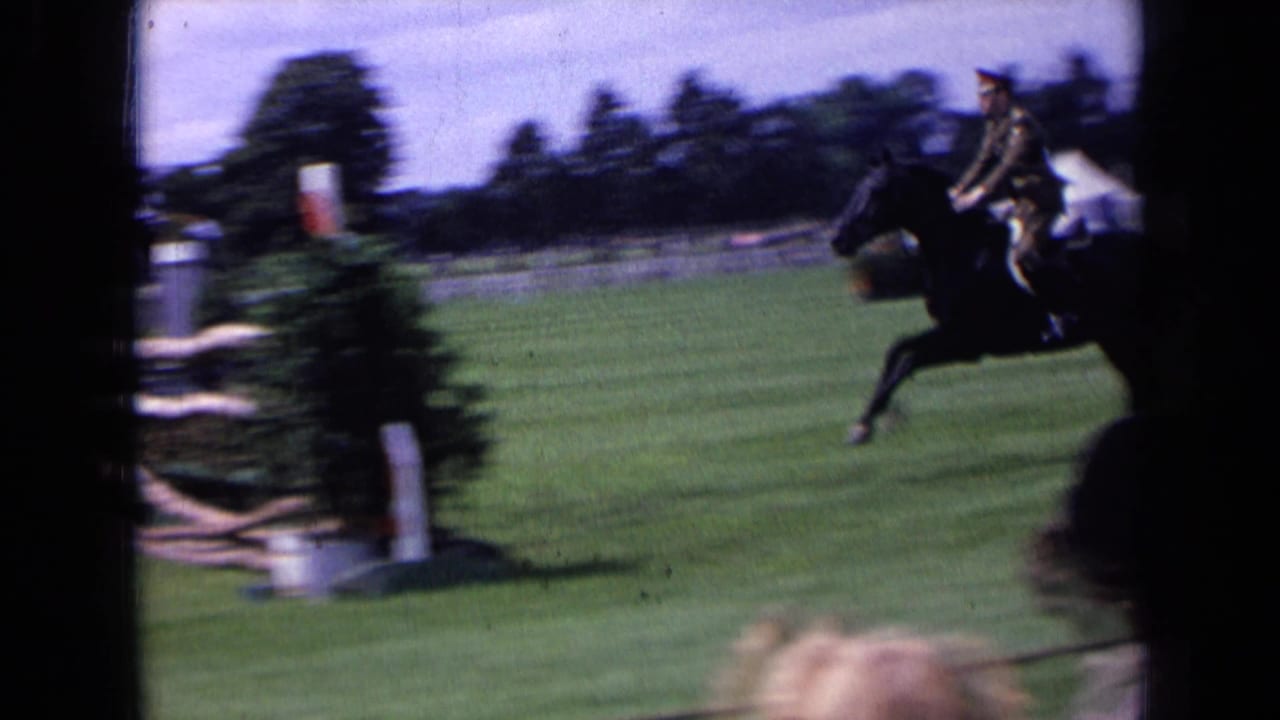 Rider on a dark horse clears or approaches a jump on the right side of the course.