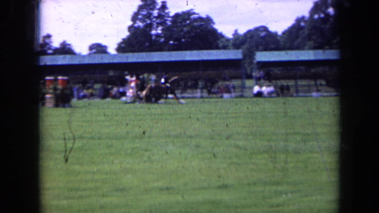 Riders and spectators on a grassy equestrian field with a covered structure behind them.