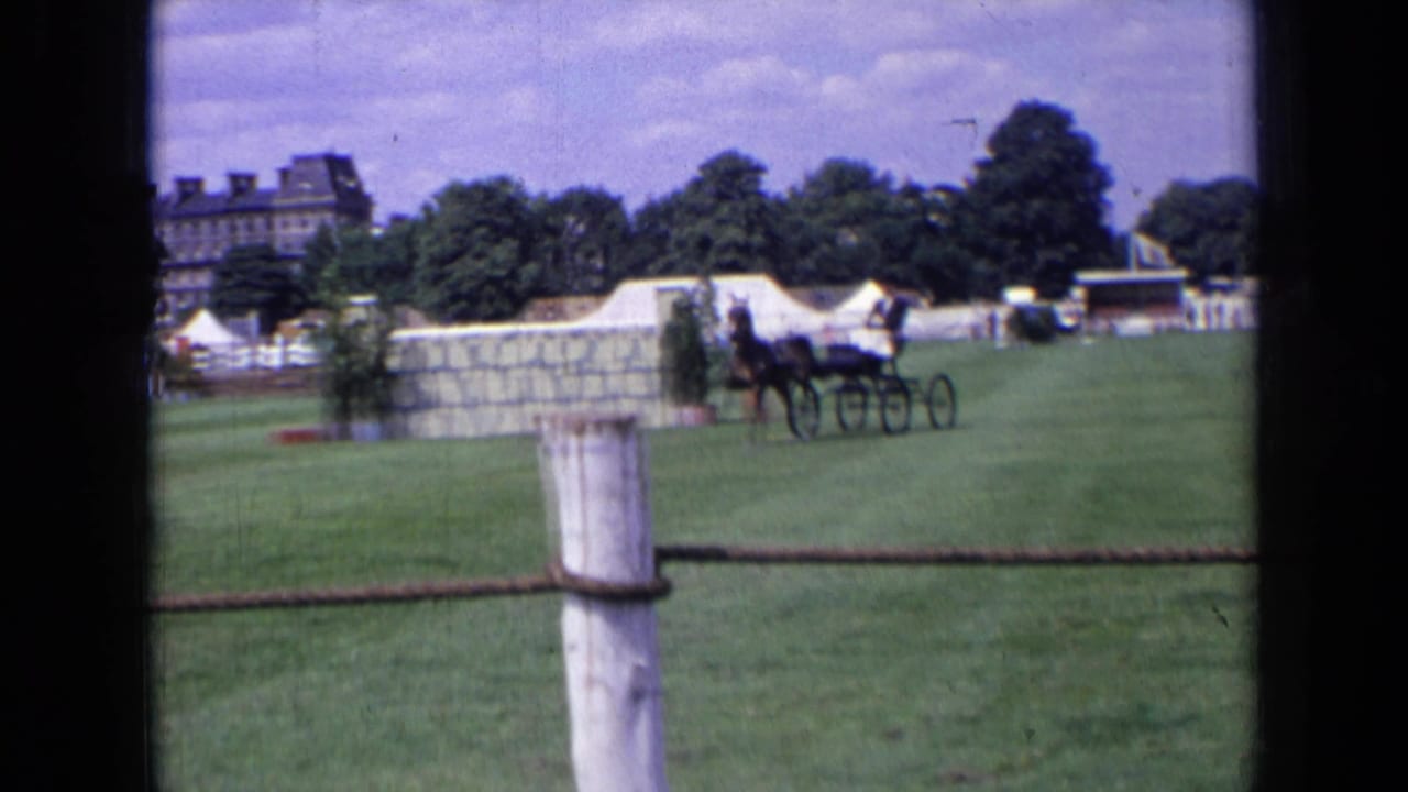 1963 England home-movie frame showing a dark horse pulling a small carriage across a grassy event field.