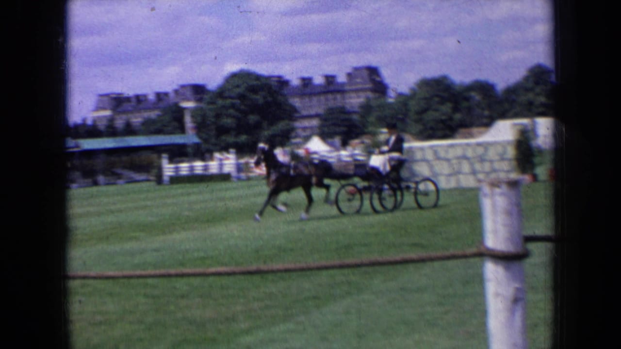 Horse and carriage pass in front of tents and trees on an event field.
