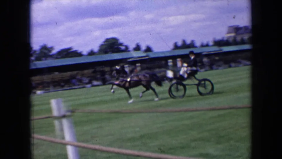 The horse and driver pass nearer the camera, with a covered pavilion and rope fence behind them.