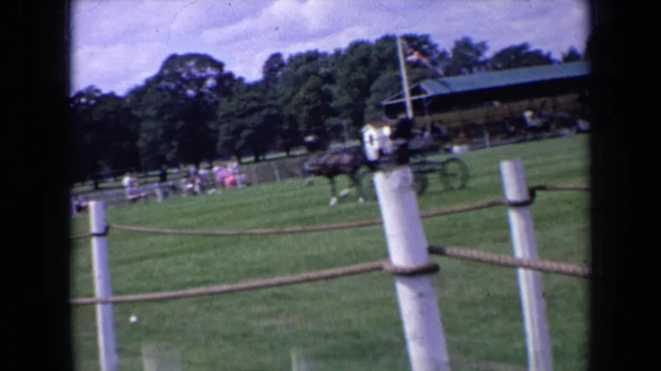 The horse-drawn carriage moves toward the edge of frame while spectators sit near the pavilion on the event field.