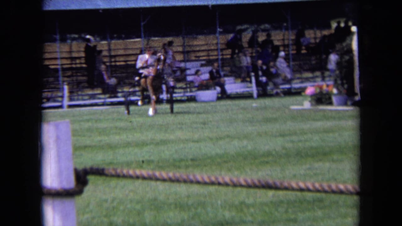 1963 England 8mm frame showing a driver behind a dark horse in a lightweight carriage, with spectators in the background.